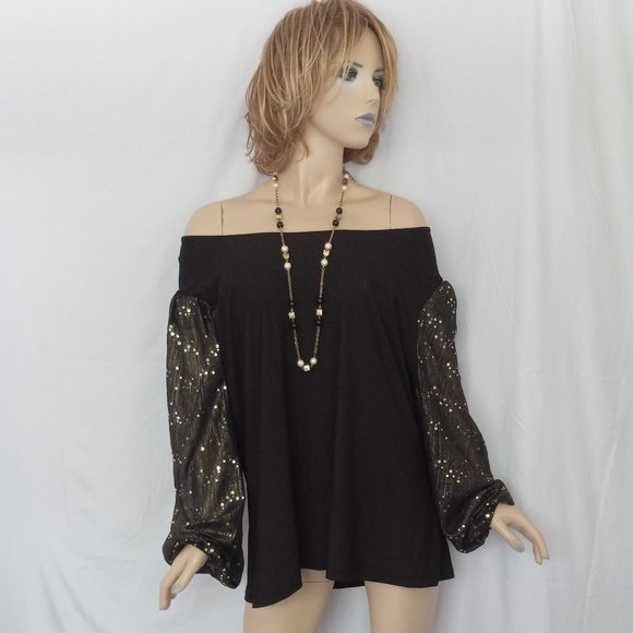 CHIC & NEW! A LOVE STORY Black Gold Polka Dot Puff Sleeve Off-Shoulder Top Sz 2X - Picture 1 of 8